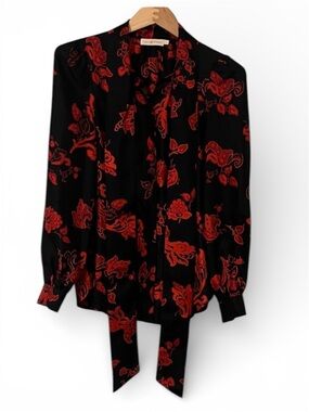 Gorgeous Tory Burch Black Blouse with Red Floral Tie-Neck